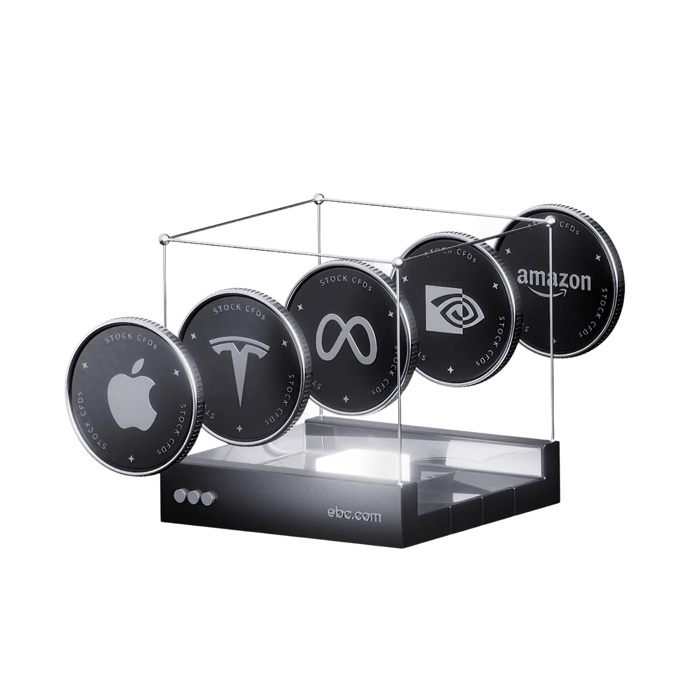 Hanging discs with Apple, Tesla, Meta, Nvidia and Amazon logos